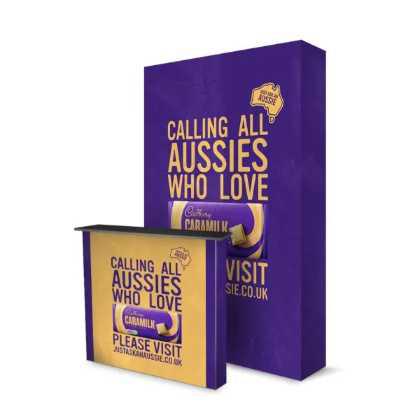 SEG FABRIC POP-UP STAND, 3X2 WITH 1M X 1M SEG COUNTER + GRAPHICS