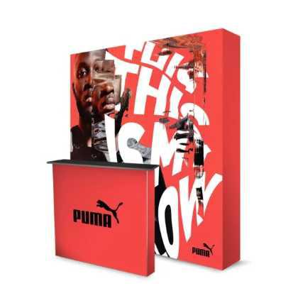 SEG FABRIC POP-UP STAND, 3X3 WITH 1M X 1M SEG COUNTER + GRAPHICS