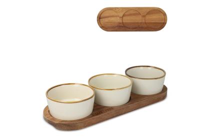 InSideOut Wooden stand with 3 ceramic round bowls